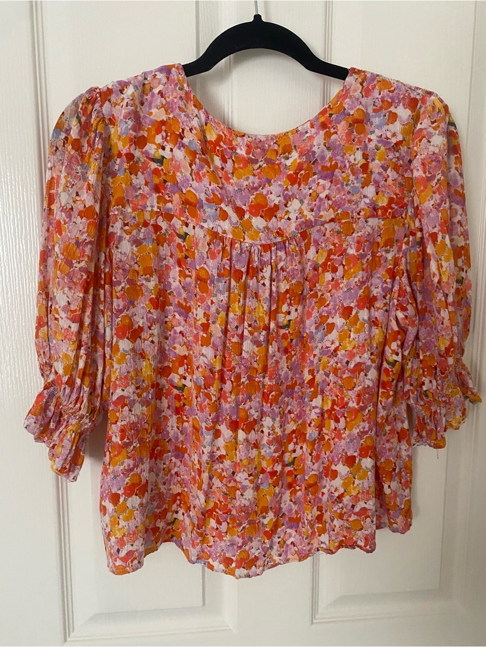 Womens Floral Tie-Neck Blouse — Pink & Orange - Picture 2 of 6
